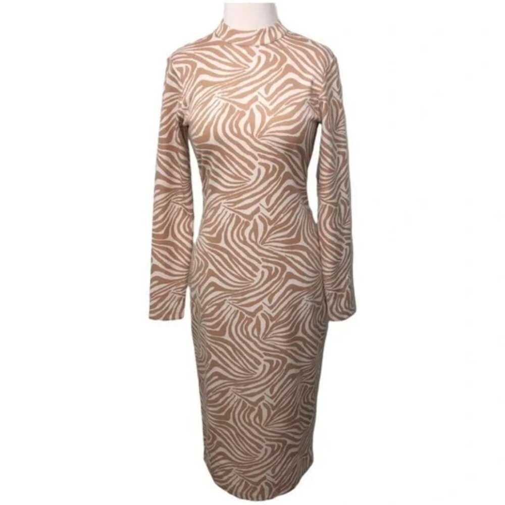 Ted Baker Villani Zebra Print Midi Dress 2 US 6 Mock Neck Bodycon Knit